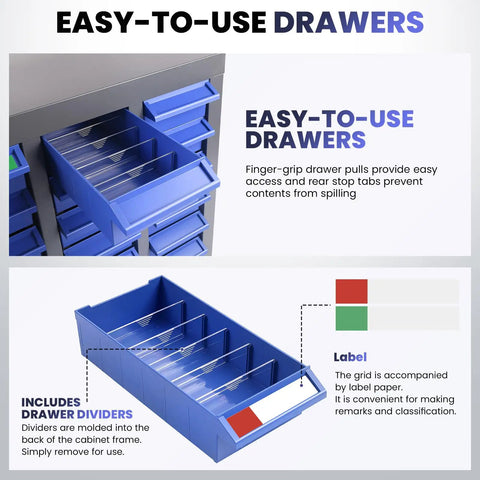Heavy Duty 100 Drawer Nut And Bolt Organizer Cabinet With ABS Drawers Dividers And Labels 26 Inch By 9 Inch By 46 Inch open drawer