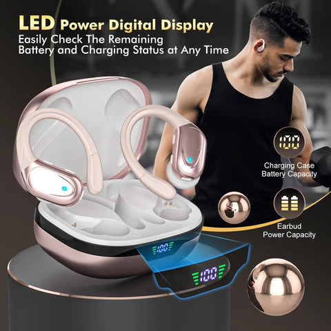 Wireless Sports Buds With LED Power Display, 80 Hours Playtime, Noise Canceling Bluetooth Earbuds, IPX7 Sweatproof Rose Gold