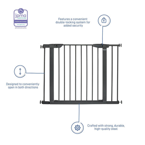 Walk Through Metal Baby Gate For Doorways, Adjustable From 29.5 To 40.5 Inches, 29.5 Inches Tall, Pressure Mounted, Gray, shown front view