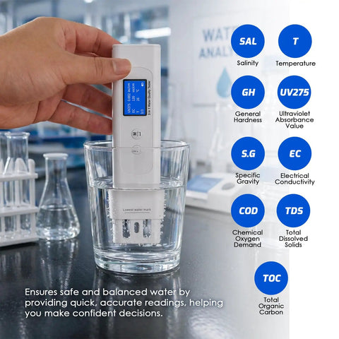 Straight Up Reliable Water Quality Tester Pen checks COD TOC UV275 EC TDS Salinity GH SG and water temp in a glass of water.