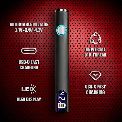 Portable USB C Rechargeable Soldering Iron With LED Screen And 510 Thread Universal Interface, black design on red backdrop
