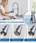 Hurran Wall Mount Kitchen Faucet in silver, showcasing three spray modes; user activating sprayer at utility sink.