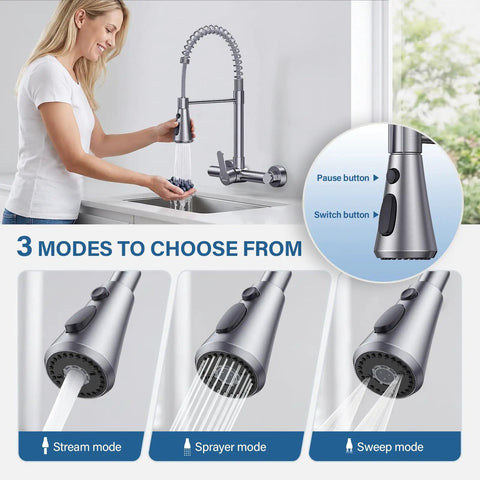 Hurran Wall Mount Kitchen Faucet in silver, showcasing three spray modes; user activating sprayer at utility sink.