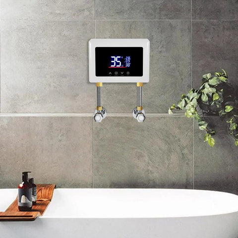 Instant Tankless Electric Water Heater Wall Mounted 3000W Kickass Heating Digital Touch Screen in modern bathroom setting.