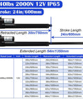 KM-LINEARTECH 12V electric linear actuator with mounting brackets; two black cylinders, 24in stroke, 54in extended length.