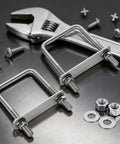 Eight Pack Square U Bolts With Washers And Nuts Two And A Half Inch Inner Width Hundred Millimeter Length 304 Stainless Steel Replacement Parts for Cars Trailers Ski Boats And Sailboats displayed with wrench and screws