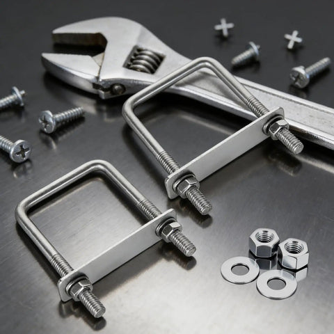 Eight Pack Square U Bolts With Washers And Nuts Two And A Half Inch Inner Width Hundred Millimeter Length 304 Stainless Steel Replacement Parts for Cars Trailers Ski Boats And Sailboats displayed with wrench and screws