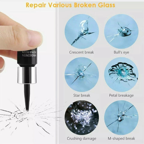 5 Pack Windshield Chip Repair Kit Quick Fix With Glass Repair Resin Liquid For Auto Glass, showing various glass break types