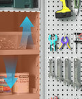 Interior view of Heavy Duty Steel Tool Cabinet With Secure Lock Drawer And Multiple Shelves for organized tool storage.