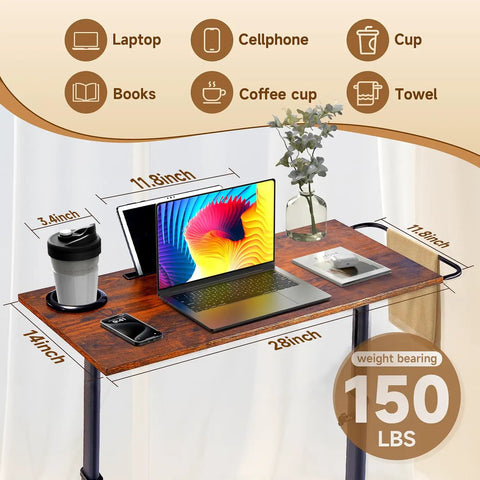 Adjustable Standing Desk For Treadmills And Bike Workouts with laptop, coffee cup, phone, books on 28x14 inch surface