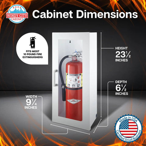 Fire Extinguisher Cabinet Mount For Wall Or Surface In White With 22 Gauge Steel Construction And Full Metal Piano Hinge Metal Handle Indoor Outdoor Use Dimensions 24.5 Inches High 9.25 Inches Wide 6.5 Inches Deep USA Made