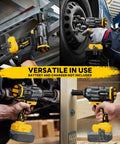 Brushless Cordless Impact Wrench Generating 1500 Nm Beast Mode Torque With An Integrated Work Light in various uses, showcasing tire changes and assembly.