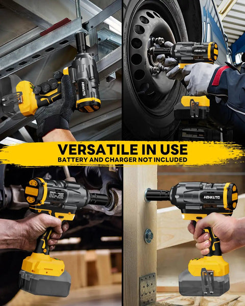 Brushless Cordless Impact Wrench Generating 1500 Nm Beast Mode Torque With An Integrated Work Light in various uses, showcasing tire changes and assembly.