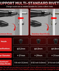 Visual guide for Cordless Rivet Gun Tool Compatible With 18V Max Battery showing aluminum and stainless steel rivet support.