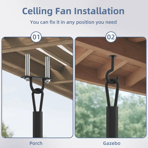 Installation options for outdoor ceiling fan with light and remote, showing downrods for porch and gazebo, IP65 waterproof setup.