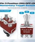 Momentary DPDT Toggle Switch 6 Pin Three Position Waterproof Marine Grade 30A 12V DC 15A 250V AC Heavy Duty With Boot Cover Cap For Car Boat 2 Pack, 6-pin DPDT switch shown