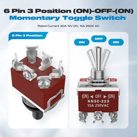 Momentary DPDT Toggle Switch 6 Pin Three Position Waterproof Marine Grade 30A 12V DC 15A 250V AC Heavy Duty With Boot Cover Cap For Car Boat 2 Pack, 6-pin DPDT switch shown
