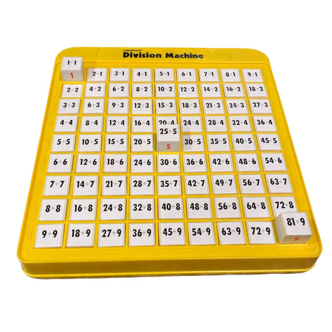 Rock Solid Division Practice Machine With Eighty One Self Checking Buttons Is A Game Changer For Elementary Students Nailing Math Drills And Mastering Arithmetic Facts With Pure Confidence Daily in yellow plastic with 81 equations.