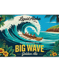 Vintage Hawaiian Big Wave Tin Sign With Outrigger Canoe, Palm Trees And Hibiscus In Turquoise And Gold Tones, Metal Wall Decor