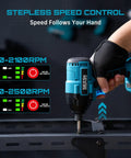 Person using Cordless Impact Driver Kit With 21V Max Torque 1590 In-Lbs And 0-2500 RPM, 1/4 Inch Hex Chuck on metal frame