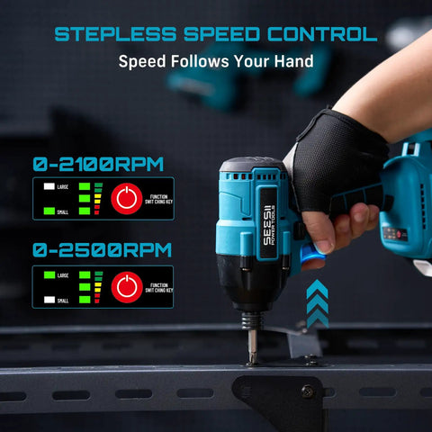 Person using Cordless Impact Driver Kit With 21V Max Torque 1590 In-Lbs And 0-2500 RPM, 1/4 Inch Hex Chuck on metal frame