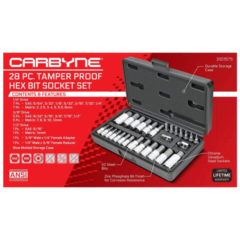 Tamper-Proof Hex Socket Set With 28 Allen Bits, SAE And Metric Sizes, S2 Steel CrV Sockets in Pro-Grade Case Open View