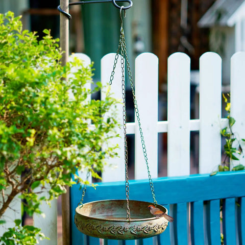 Hanging Bird Bath For Outdoors With Metal Bowl And Stable Triple Chain Design, Powder Coated For Rust Proof Durability