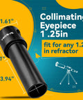 Collimating Cheshire Eyepiece 1.25 Inch for Newtonian Reflector Telescopes, shown with measurements, compatible with SCT and refractor optics.