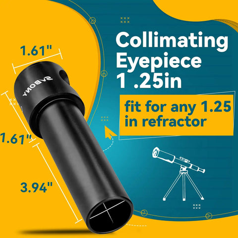 Collimating Cheshire Eyepiece 1.25 Inch for Newtonian Reflector Telescopes, shown with measurements, compatible with SCT and refractor optics.