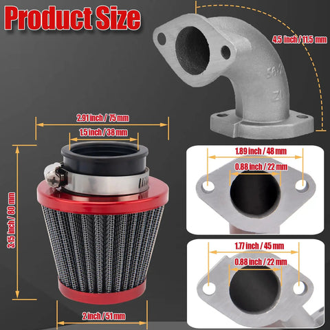 Wide Range 22Mm Carburetor Air Filter Kit for 50Cc 110Cc and 125Cc Pit Bikes, including air filter and intake pipe dimensions