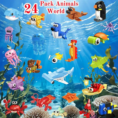 Mini Ocean Animals Building Blocks Party Favor Kits For Kids, 24 Pack, colorful marine toys arranged underwater.