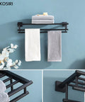 Matte Black Bath Towel Rack With Double Towel Bars 24 Inch Wall Mounted Stainless Steel Shelf displaying folded and hanging towels