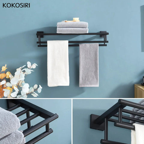 Matte Black Bath Towel Rack With Double Towel Bars 24 Inch Wall Mounted Stainless Steel Shelf displaying folded and hanging towels