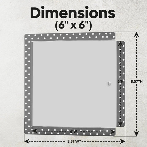 Top Tier 6X6 Flush Metal Access Panel With Bead Flange For Drywall Patch, showing dimensions of 6x6 inches and 8.57 inch width.