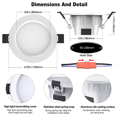 Dimensions and details of 10 Pack 9W Color Changing LED Recessed Lights 4 Inch Dimmable Ceiling Retrofit Smart Lights With Bluetooth Mesh Control 70W Equivalent Easy Install Compatible With Alexa And Google Assistant