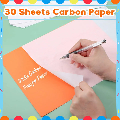 Hand using 30 Pack Graphite Transfer Paper for Tracing and Copying Lines on Canvas and Wood, 8.5 x 11 Inches White Erasable Carbon Paper Set