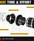 Heavy Duty Magnetic Dust Collection Fittings For 4 Inch Woodwork Shop Vacuums One To Multi System With High Strength Mag Connector Receiver and Rubber Flex Cuff Coupler Solid Grip showing components including magnetic connector, rubber coupler, and steel ports.