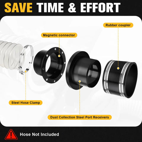 Heavy Duty Magnetic Dust Collection Fittings For 4 Inch Woodwork Shop Vacuums One To Multi System With High Strength Mag Connector Receiver and Rubber Flex Cuff Coupler Solid Grip showing components including magnetic connector, rubber coupler, and steel ports.