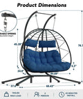 Two Seater Wicker Hanging Egg Chair With Stand 700 Lb Capacity Indoor Outdoor Double Swing Hammock dimensions shown.