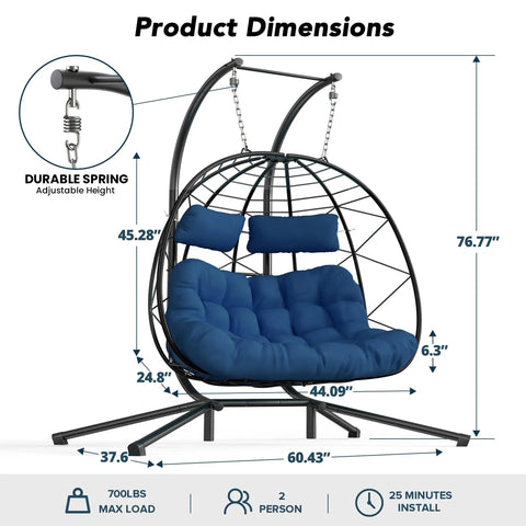 Two Seater Wicker Hanging Egg Chair With Stand 700 Lb Capacity Indoor Outdoor Double Swing Hammock dimensions shown.