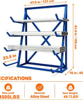 Beefy Heavy Duty Horizontal Lumber Storage Rack 4 Tier Cantilever Shelves Steel Pipe Organizer With 4500 Lbs Capacity shown with dimensions