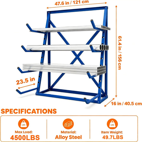 Beefy Heavy Duty Horizontal Lumber Storage Rack 4 Tier Cantilever Shelves Steel Pipe Organizer With 4500 Lbs Capacity shown with dimensions