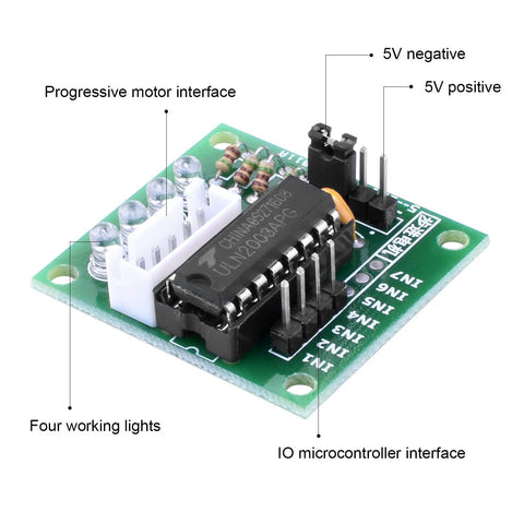 ULN2003 5V stepper motor driver board with white connector, four indicator LEDs and IC labeled ULN2003A