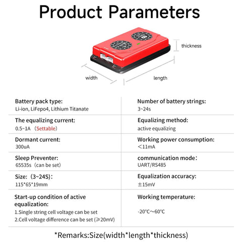 Smart Active Balancer For 6S 1A Li Ion And LiFePO4 Packs front view with dimensions marked, compact red device for cell voltage equalization.