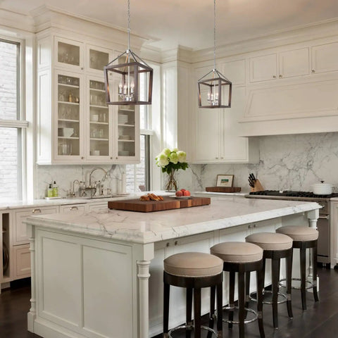 Kitchen island with Oak Wood Farmhouse Lantern Pendant Light With Silver Metal Finish, cozy rustic vibe in modern kitchen.
