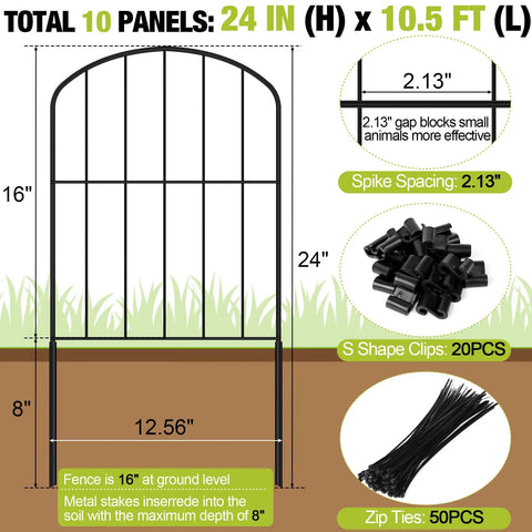 No Dig Garden Fence Kit 24 Inch High Arch Border Panels 10.5 Feet Long 10 Panels With S Clips And Zip Ties Metal Wire Border Fence
