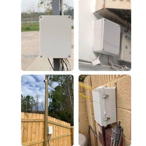 Waterproof Junction Box 5x5x4 Inches Square Electronics Enclosure Gray ABS Plastic Dustproof Project Box Built To Handle DIY Wiring IP65 Rated Weatherproof Electrical Box 125x125x100mm mounted outdoors.