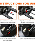 Road Ready Brake Booster Adjustment Tool With Magnetic Aluminum Push Rod Length Gauge showing instructions for use on a master cylinder setup.
