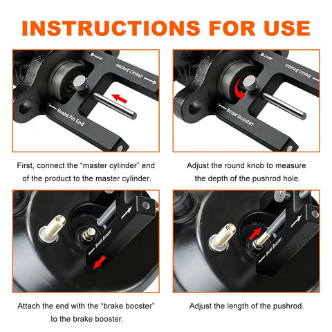 Road Ready Brake Booster Adjustment Tool With Magnetic Aluminum Push Rod Length Gauge showing instructions for use on a master cylinder setup.