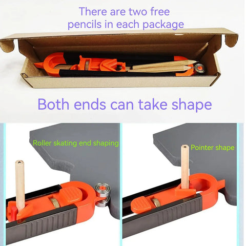 Heavy Duty Double Ended Contour Scribe Gauge With Smooth Ball Bearing Wheels and Locking Pencil Clamp shown with two pencils in packaging.